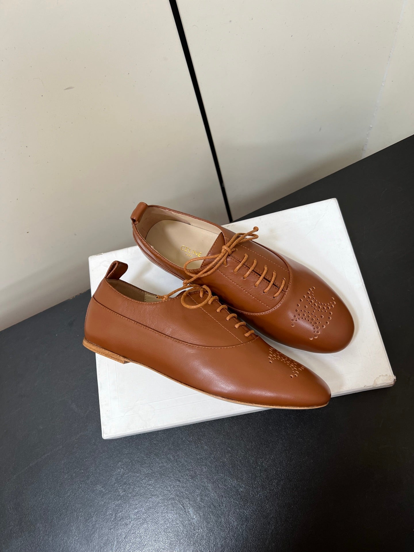 Celine 25 Lise Perforated Triomphe Richelieu Shoe Brown Lambskin 619646