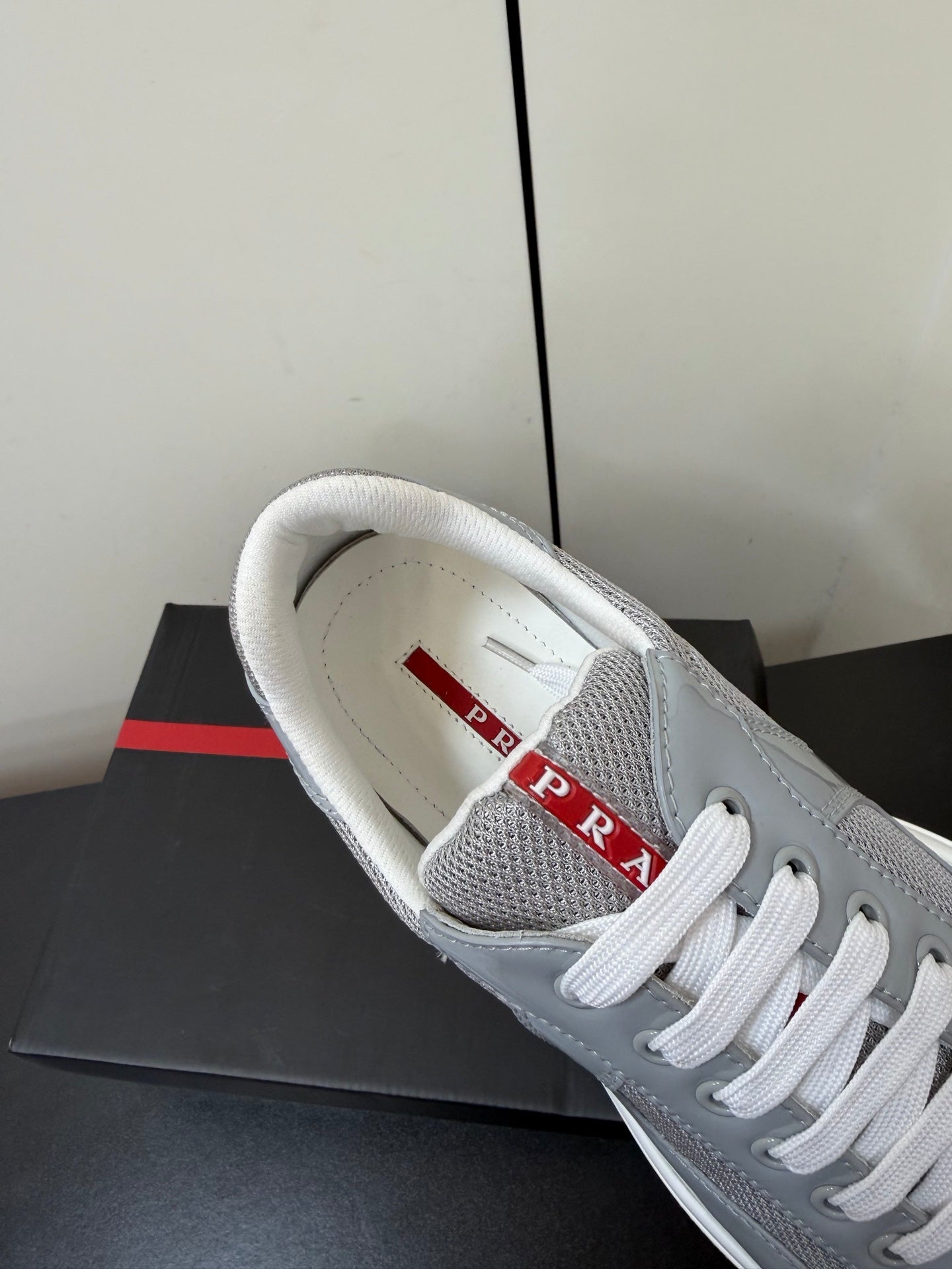 Prada America's Cup Sneaker Grey White Patent Leather Mesh 618927