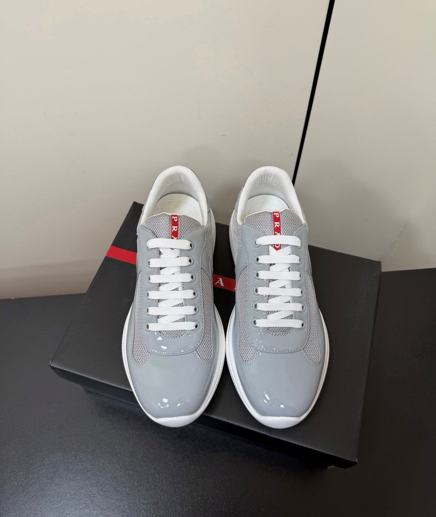 Prada America's Cup Sneaker Grey White Patent Leather Mesh 618927