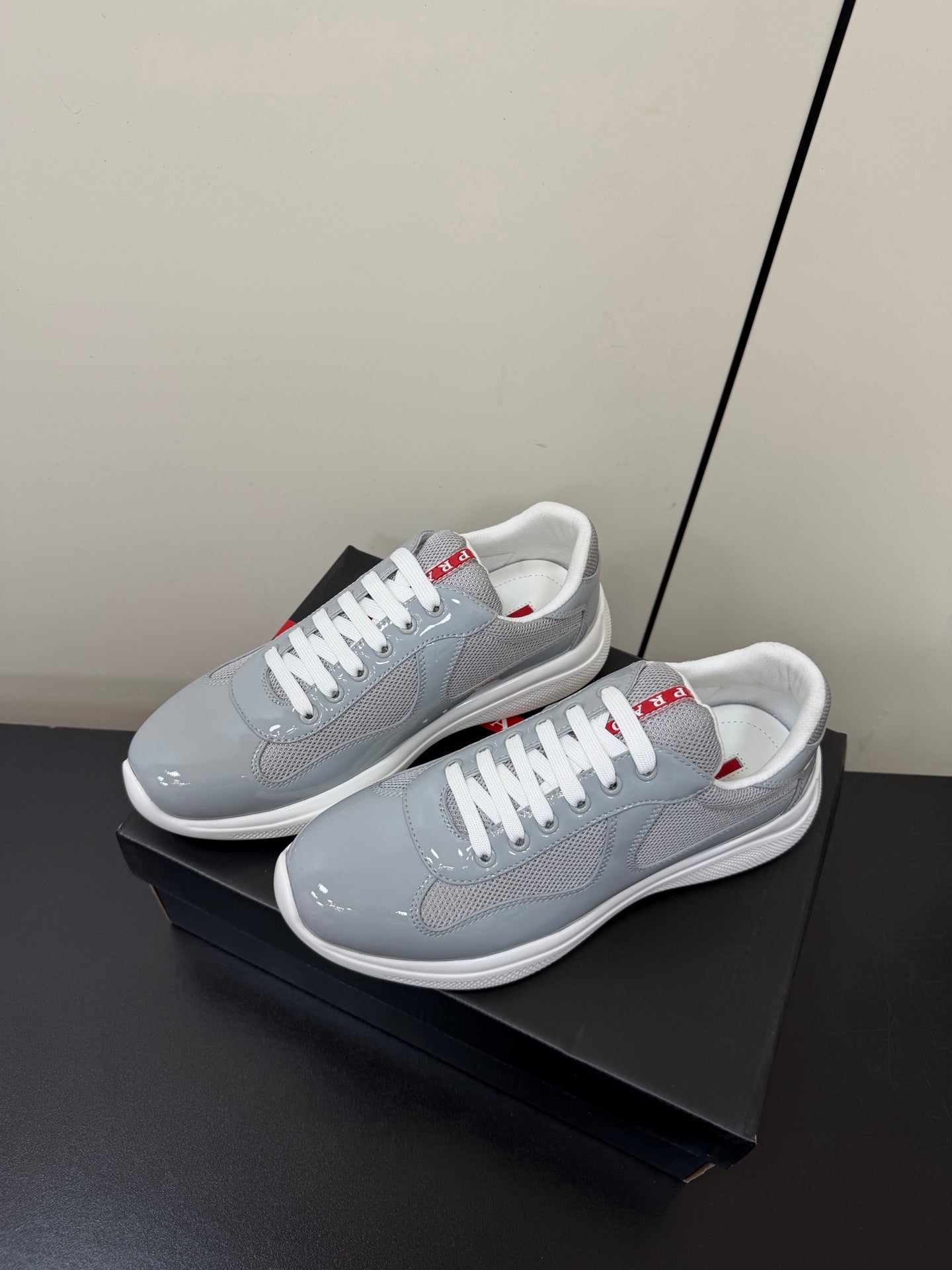 Prada America's Cup Sneaker Grey White Patent Leather Mesh 618927
