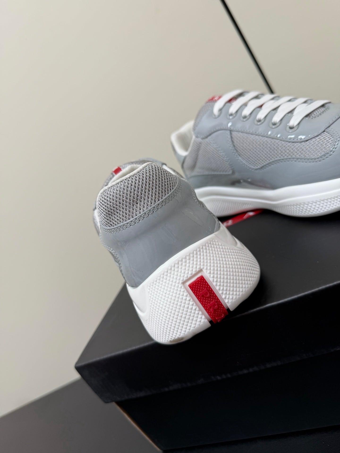 Prada America's Cup Sneaker Grey White Patent Leather Mesh 618927