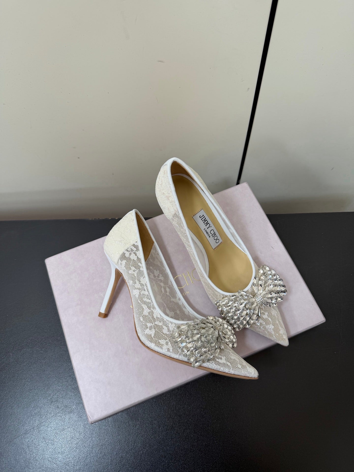 JC Pointed Toe Shoes 8.5cm Rhinestone Bow Single White Mesh 618817