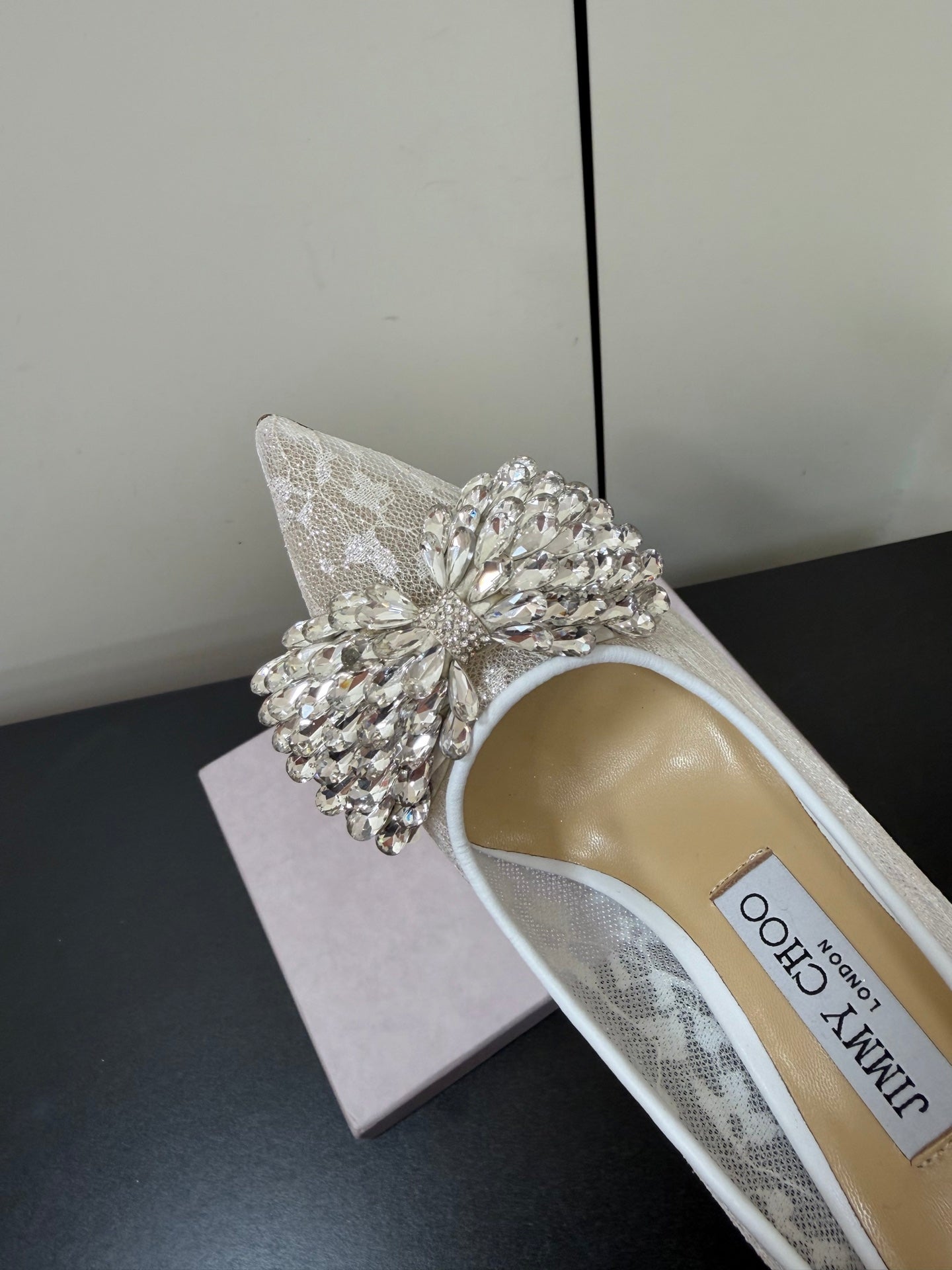 JC Pointed Toe Shoes 8.5cm Rhinestone Bow Single White Mesh 618817