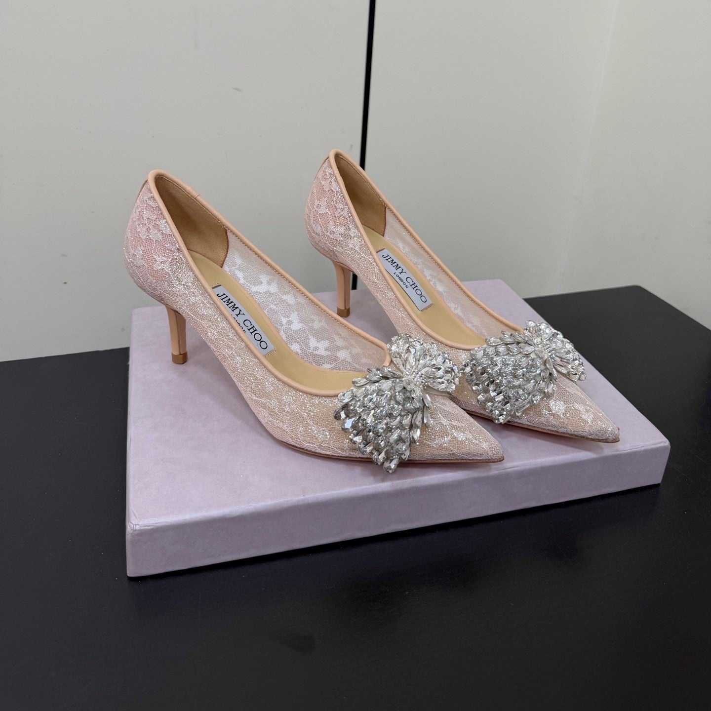 JC Pointed Toe Shoes 6.5cm Rhinestone Bow Single Pink Mesh 618818