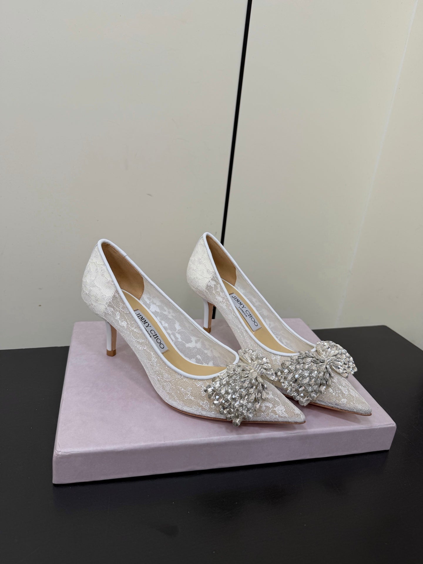 JC Pointed Toe Shoes 6.5cm Rhinestone Bow Single White Mesh 618819