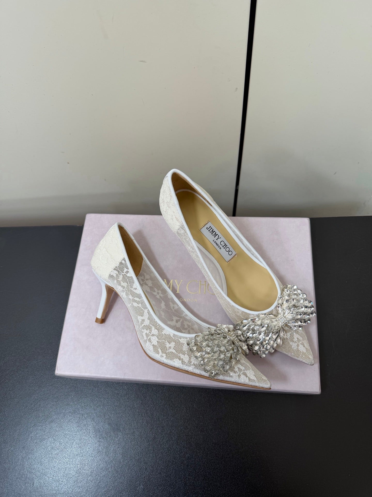 JC Pointed Toe Shoes 6.5cm Rhinestone Bow Single White Mesh 618819