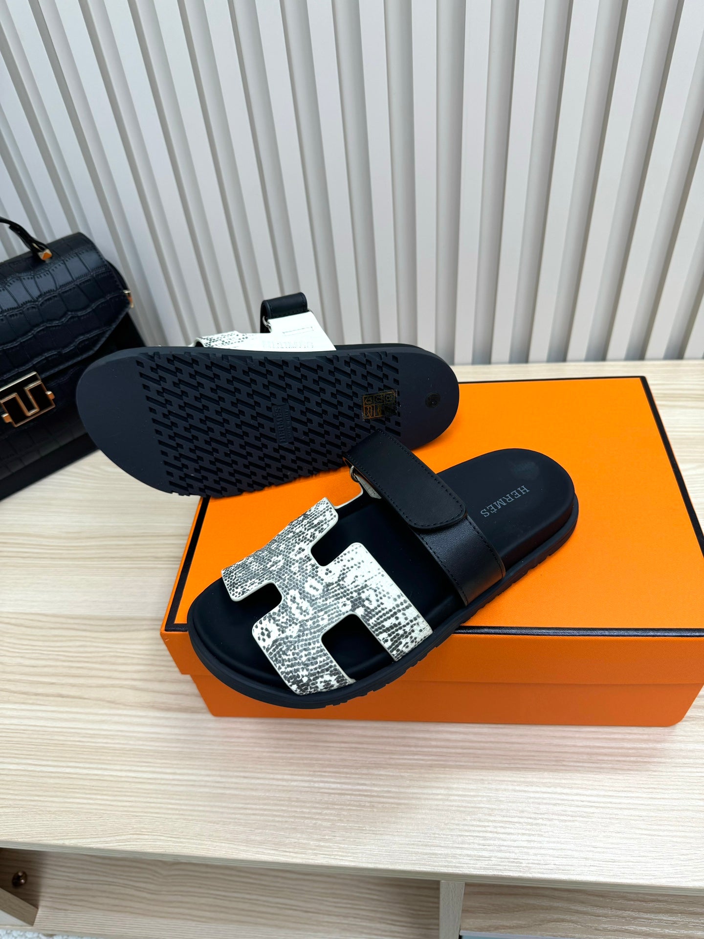 HM Chypre Sandal Black White Python Skin Pattern 618579