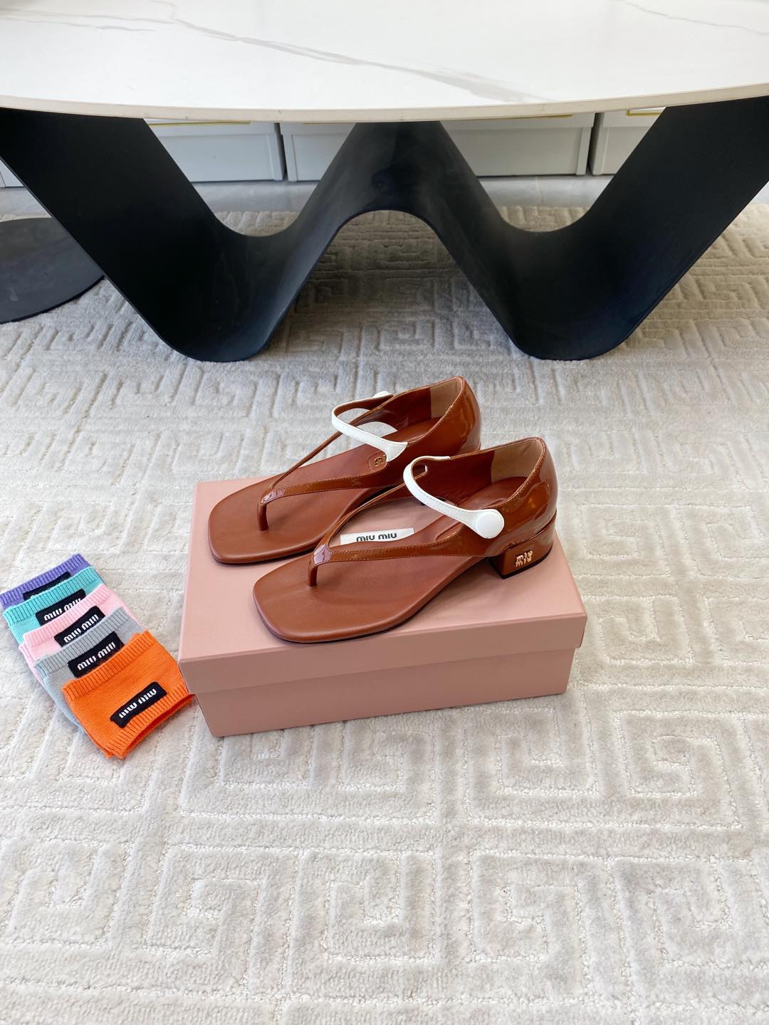 Miu High Heel Thong Sandals In Smoky Umber Glossy Sheepskin