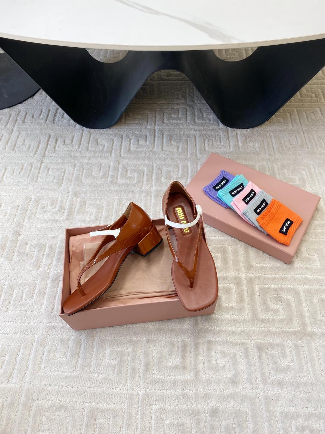 Miu High Heel Thong Sandals In Smoky Umber Glossy Sheepskin