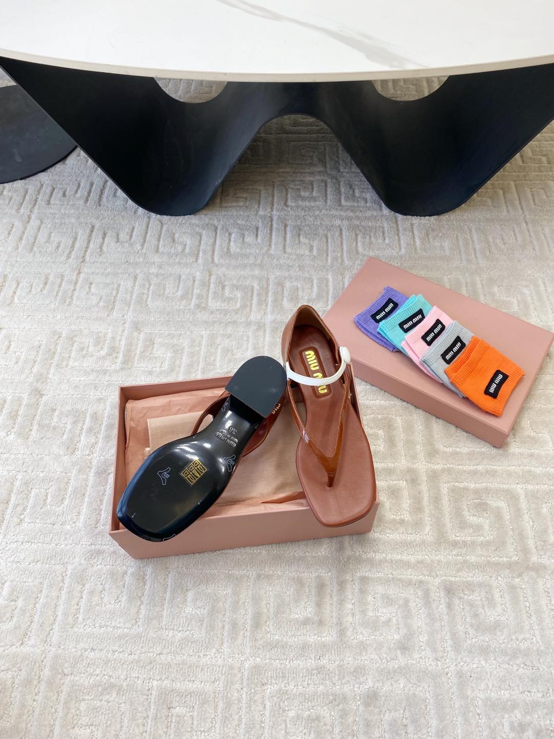 Miu High Heel Thong Sandals In Smoky Umber Glossy Sheepskin