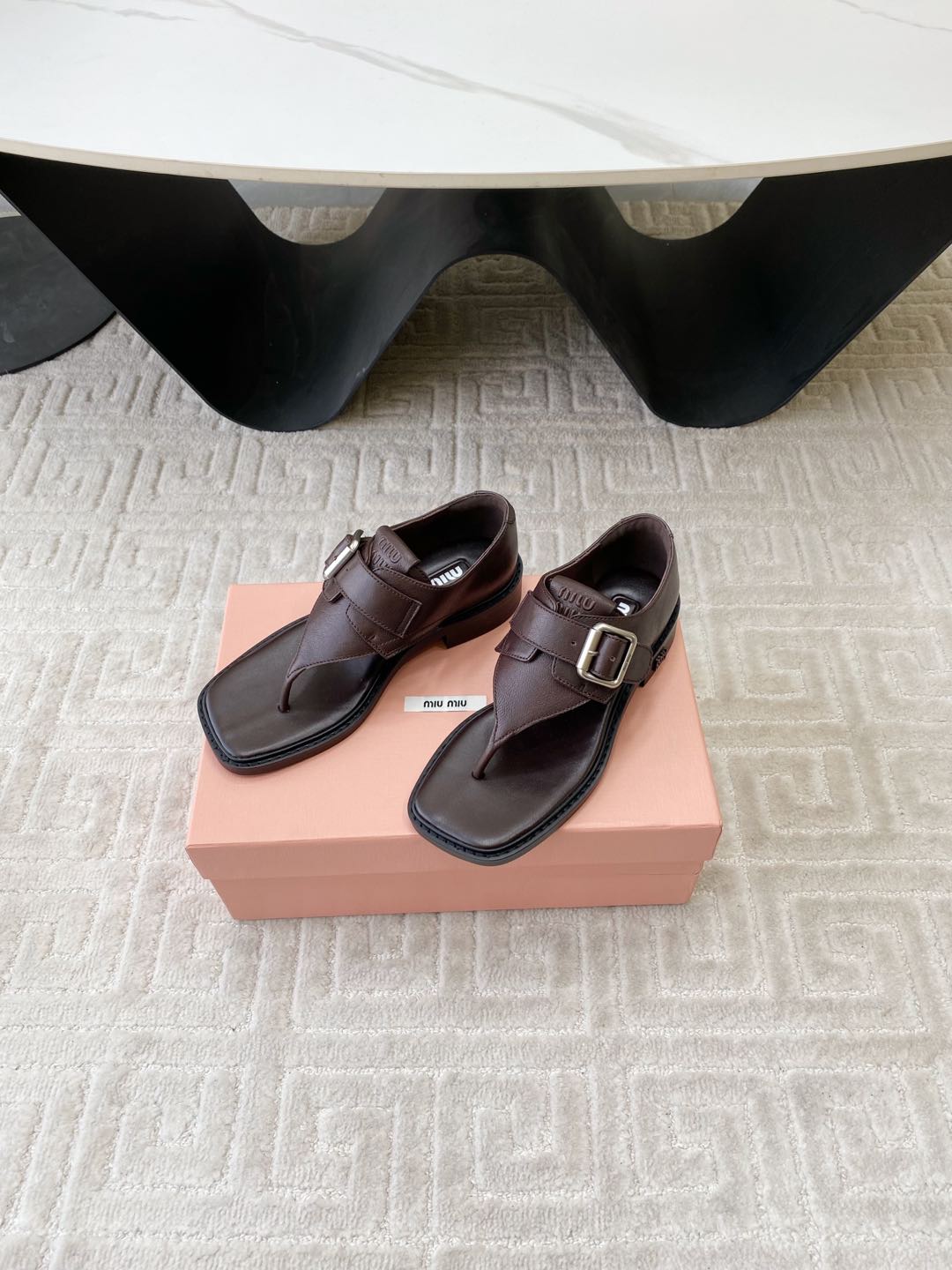 Miu Thong Sandals In Espresso Brown Lambskin With Silver Buckle