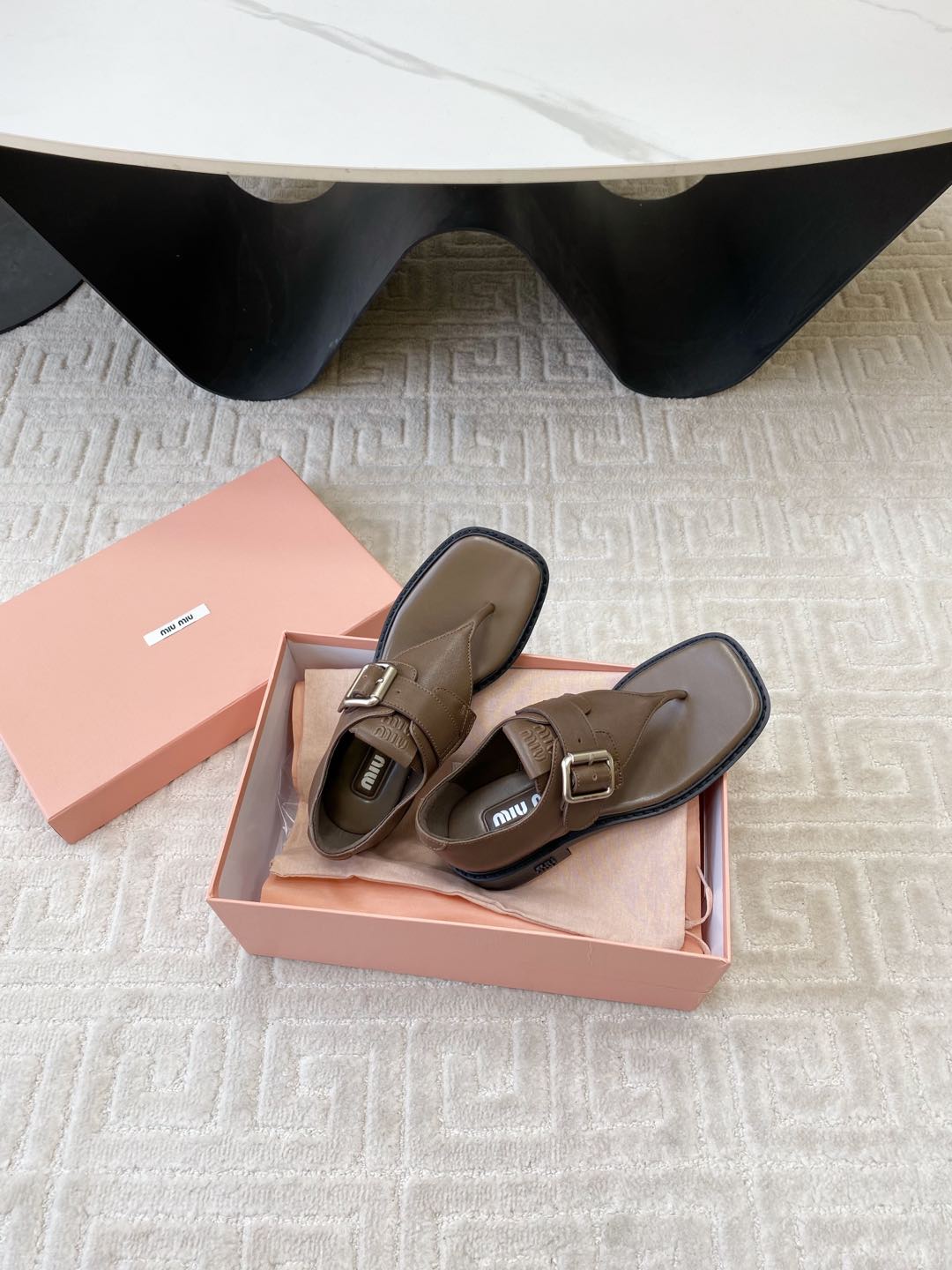 Miu Thong Sandals In Coffee Brown Lambskin With Silver Buckle