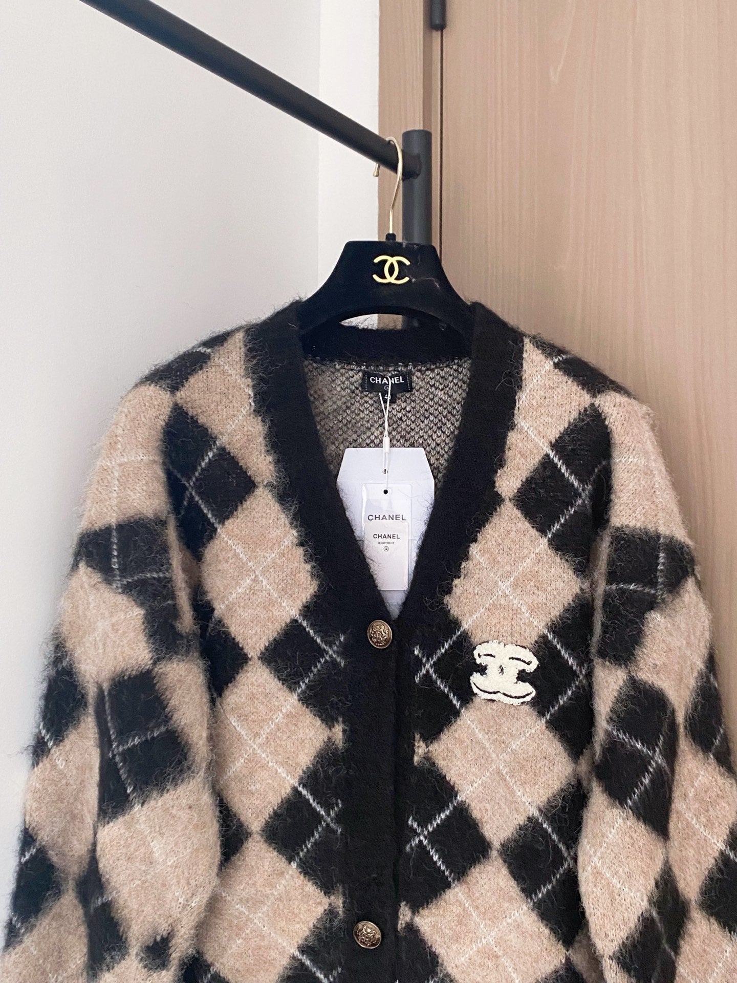 Chanel 2025 Plaid Cardigan Black mix Beige Wool Cashmere