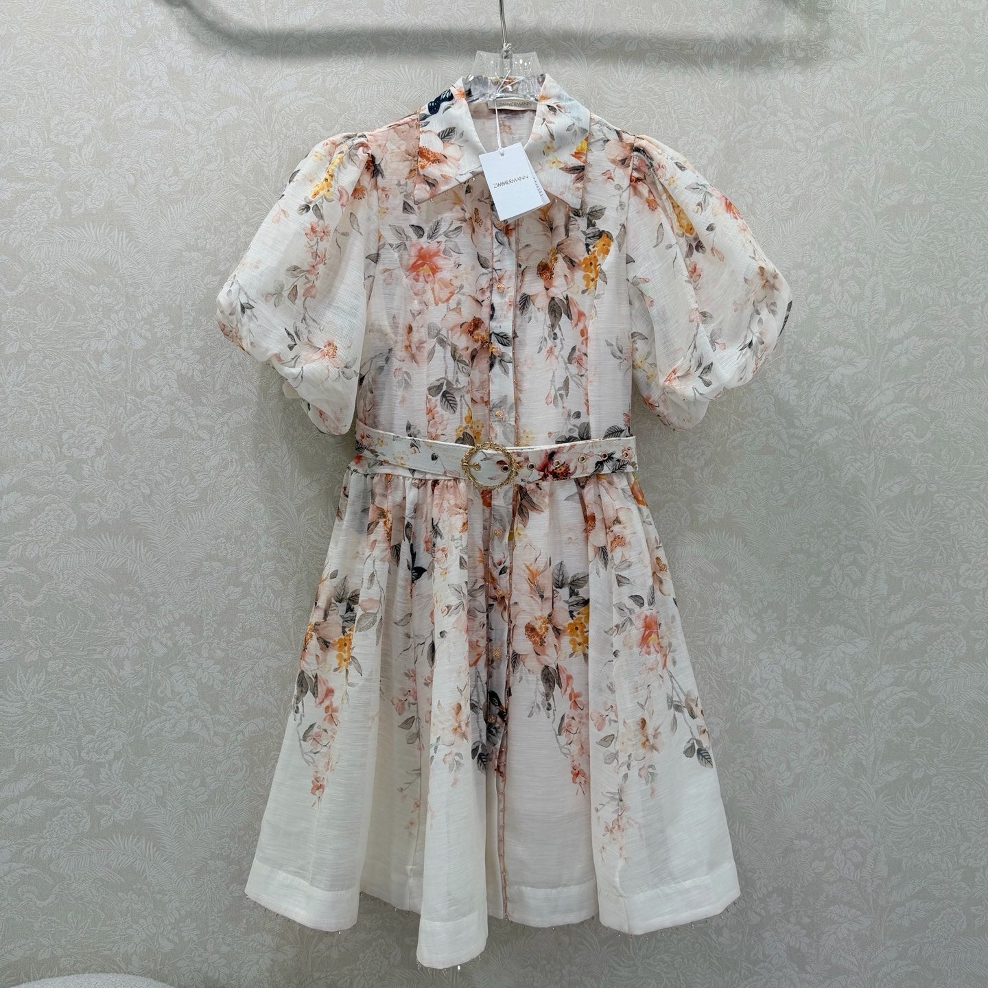 Zimmermann Floral Puff Sleeve Mini Dress Cream Floral Print Cotton 347338
