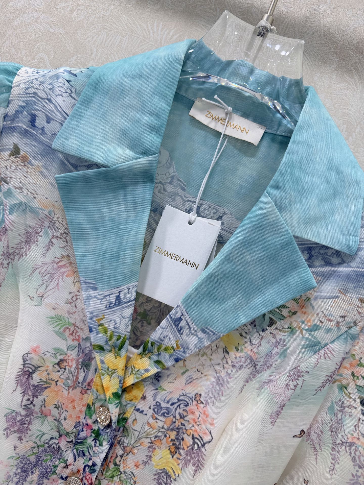 Zimmermann Peggy Print Short Sleeve Dress Ivory Blue Floral Cotton 347199