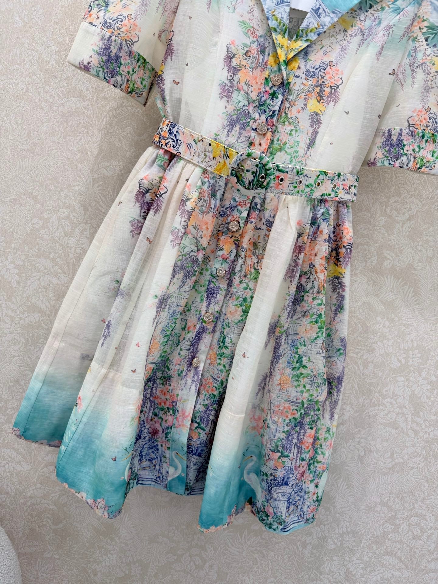 Zimmermann Peggy Print Short Sleeve Dress Ivory Blue Floral Cotton 347199