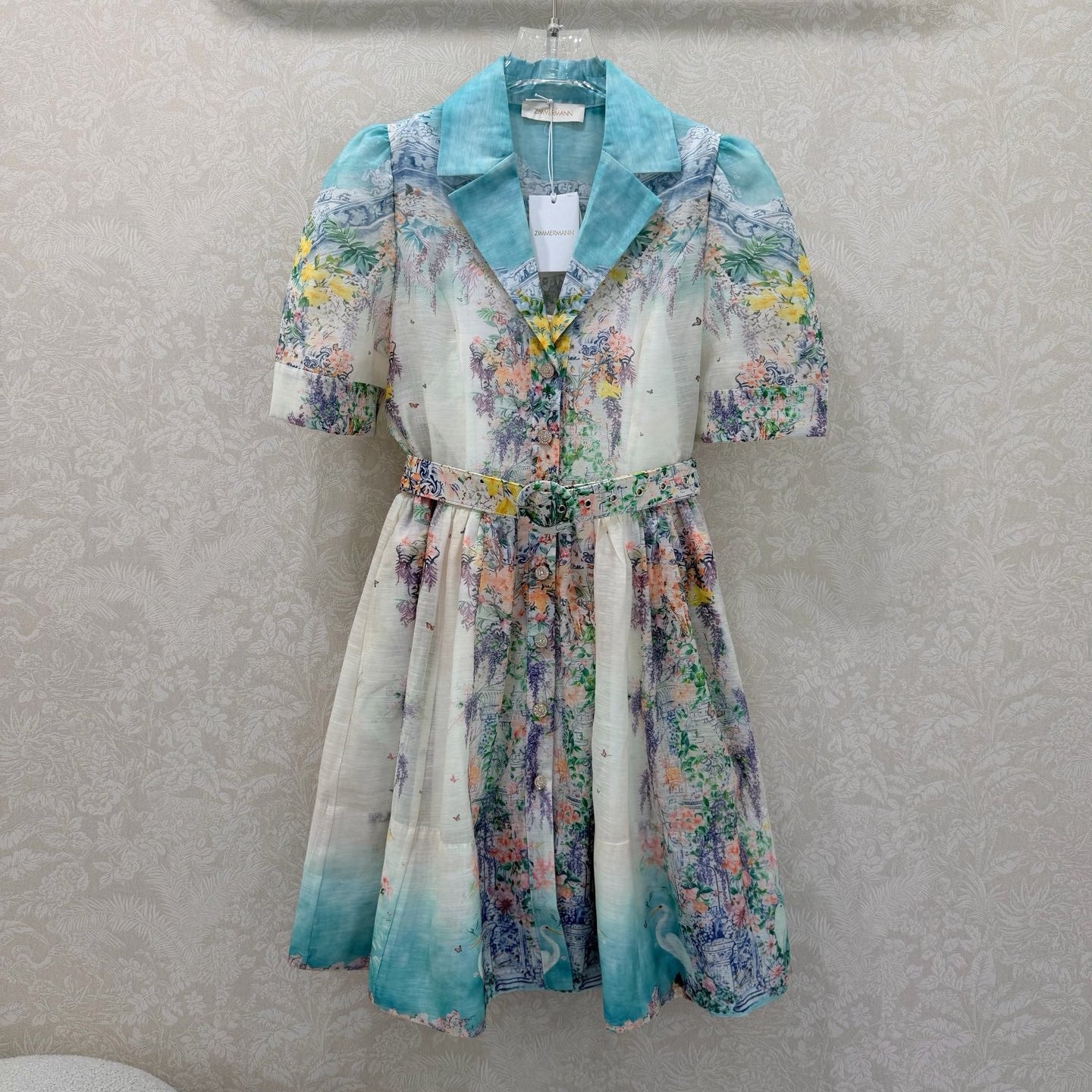 Zimmermann Peggy Print Short Sleeve Dress Ivory Blue Floral Cotton 347199