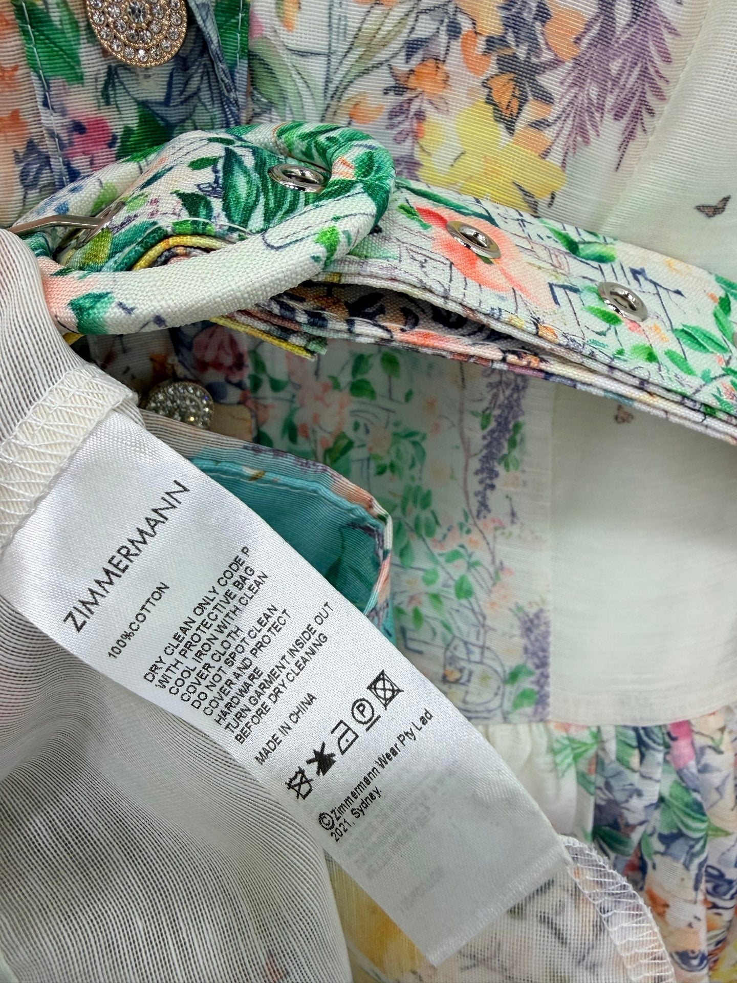 Zimmermann Peggy Print Short Sleeve Dress Ivory Blue Floral Cotton 347199