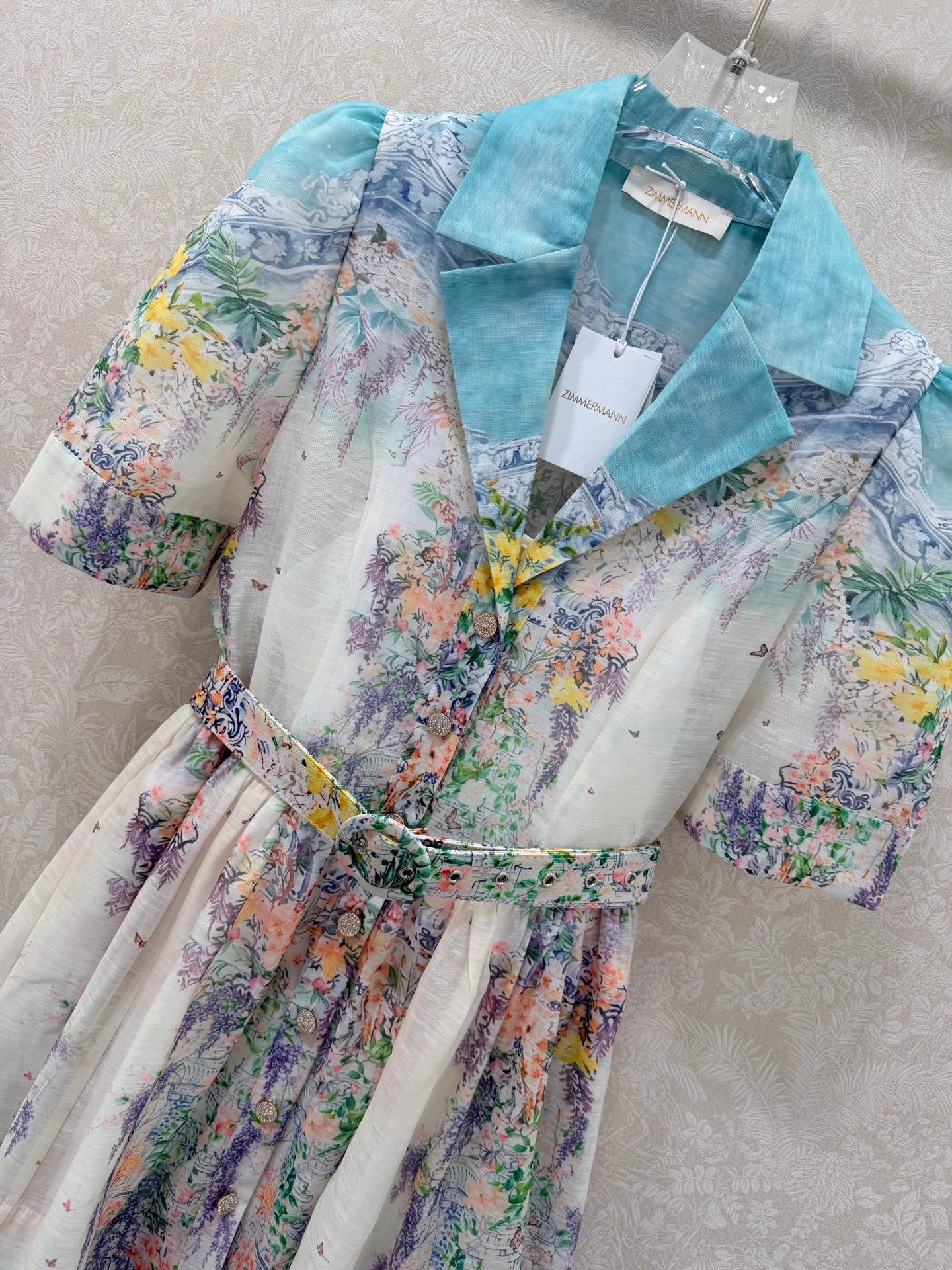Zimmermann Peggy Print Short Sleeve Dress Ivory Blue Floral Cotton 347199