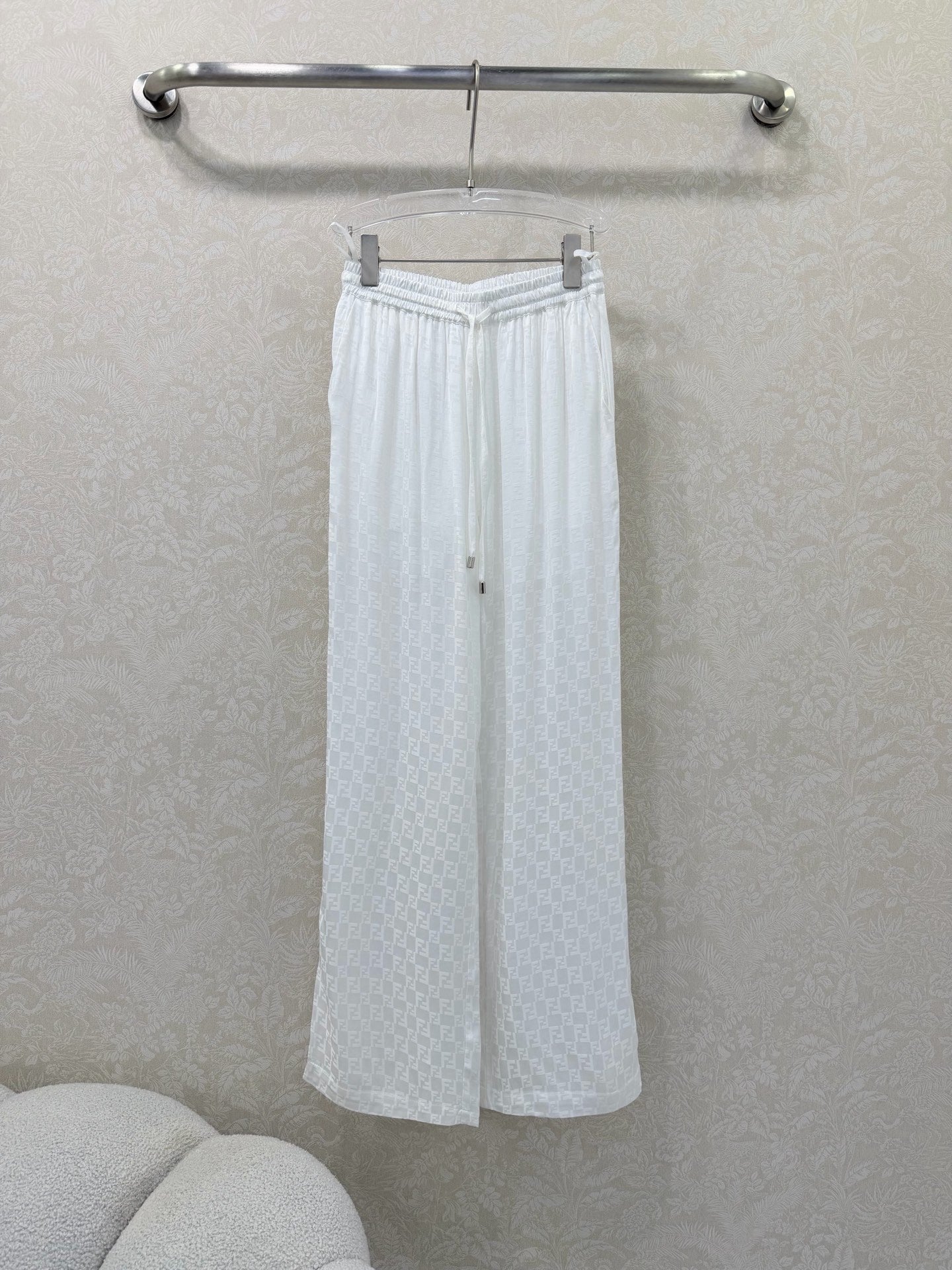 Fendi 26s Wide-Leg Trousers Jacquard Pattern White Rayon Cotton 351984