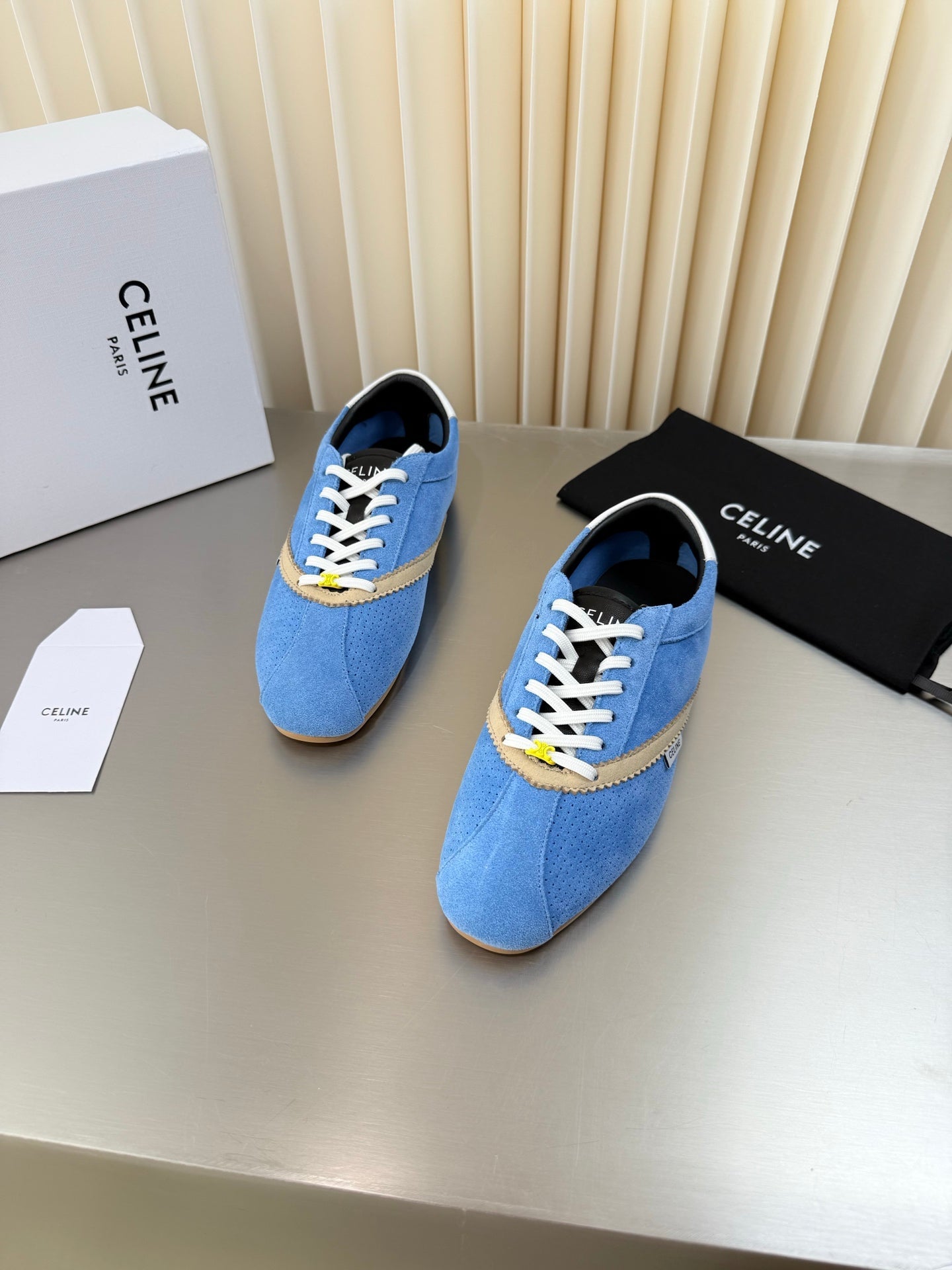 Celine 26 Flat Sneaker Beige Blue Leather Suede 989412
