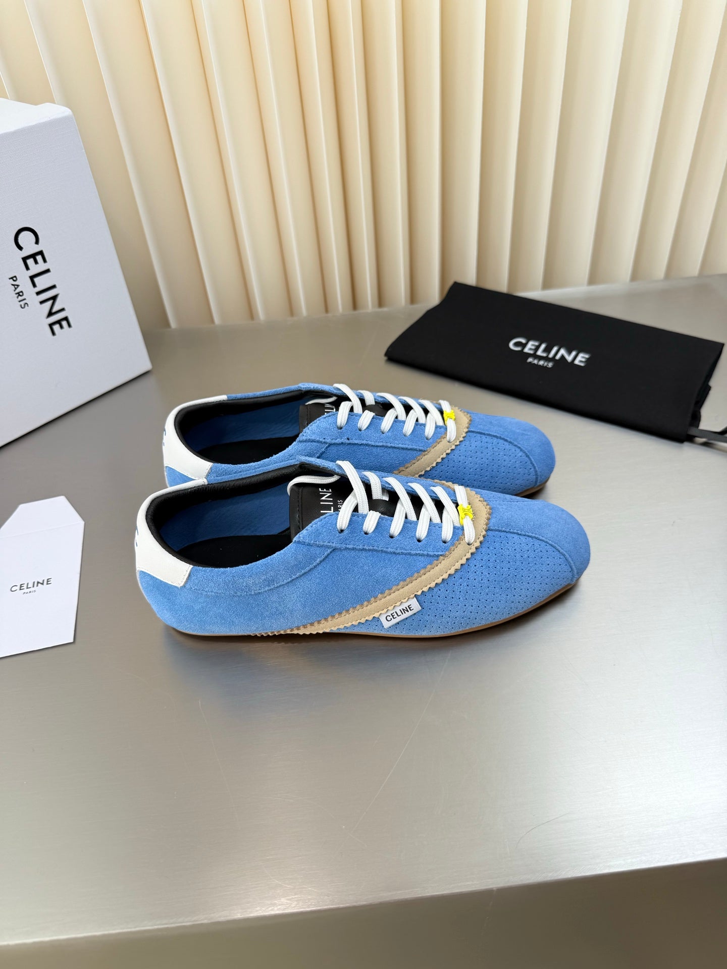 Celine 26 Flat Sneaker Beige Blue Leather Suede 989412