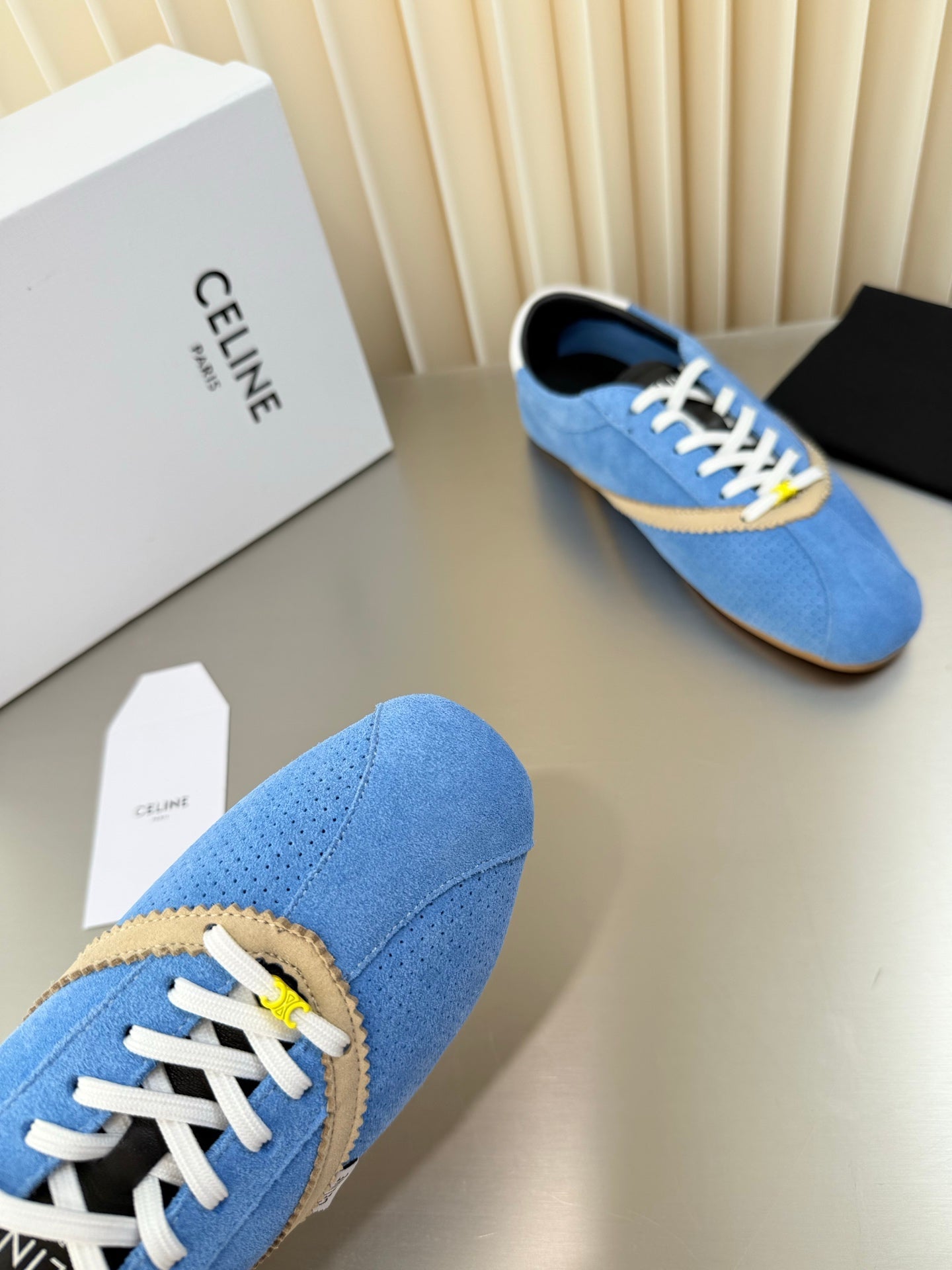 Celine 26 Flat Sneaker Beige Blue Leather Suede 989412