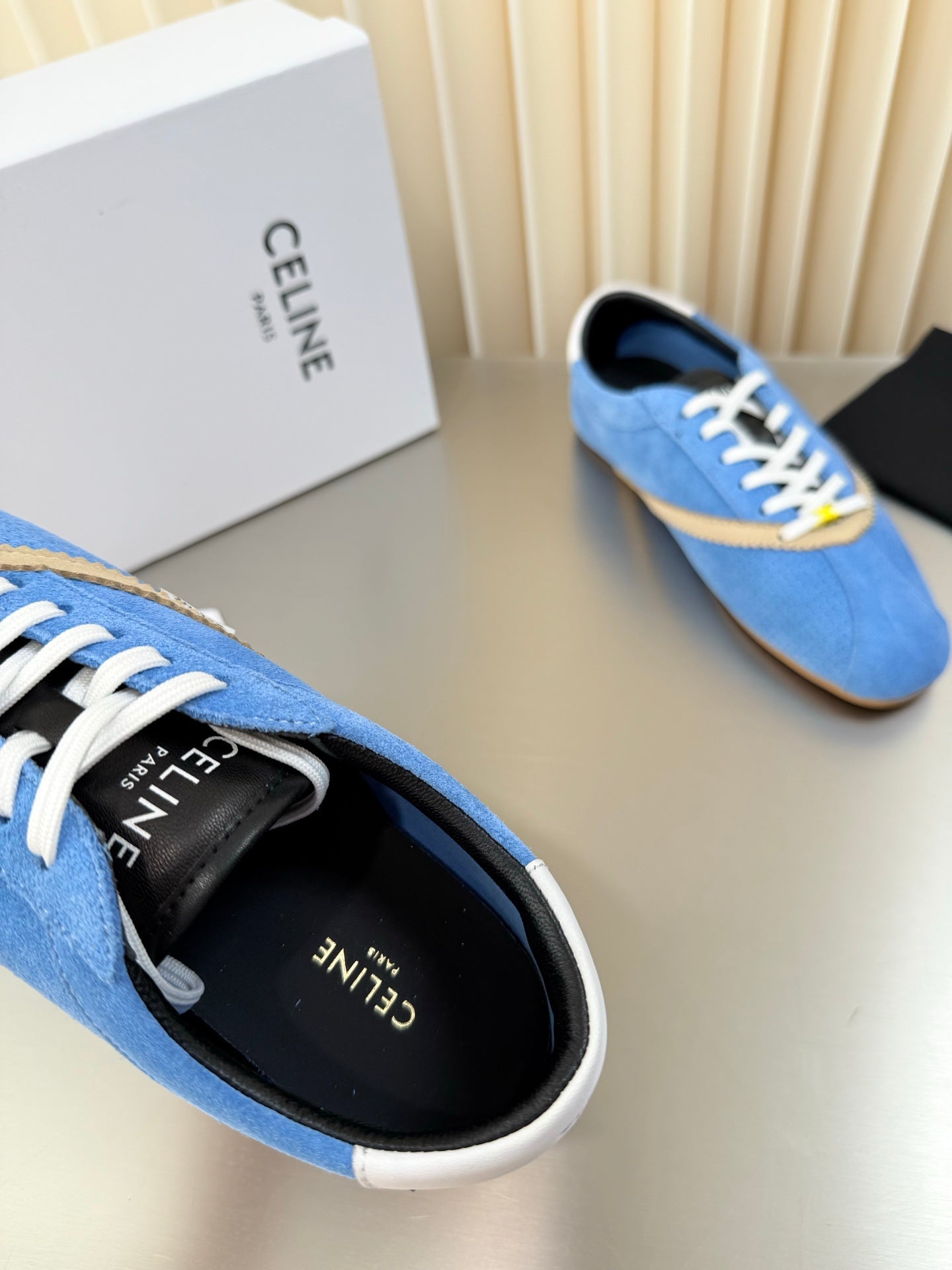 Celine 26 Flat Sneaker Beige Blue Leather Suede 989412