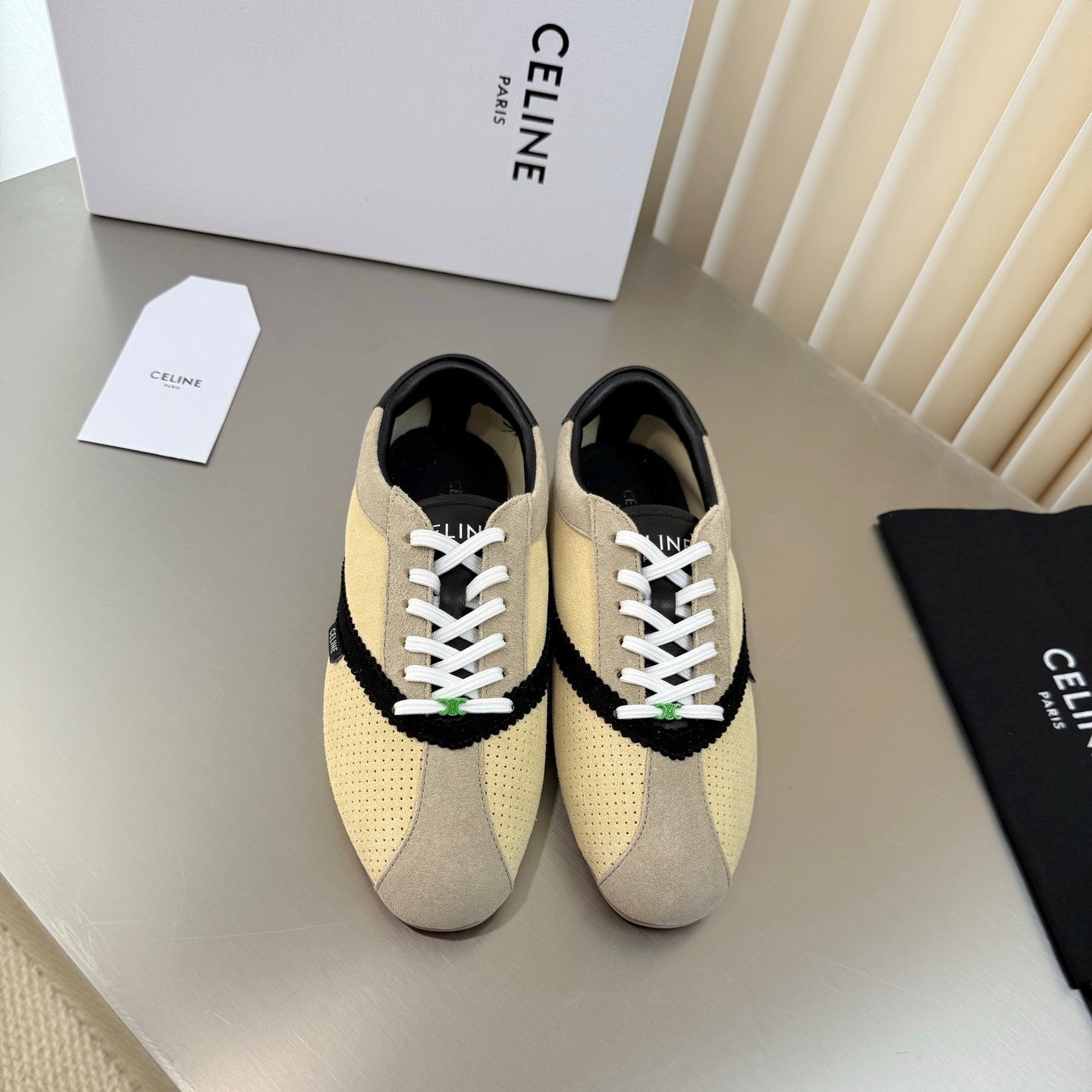 Celine 26 Flat Sneaker Black Cream Leather Suede 989413