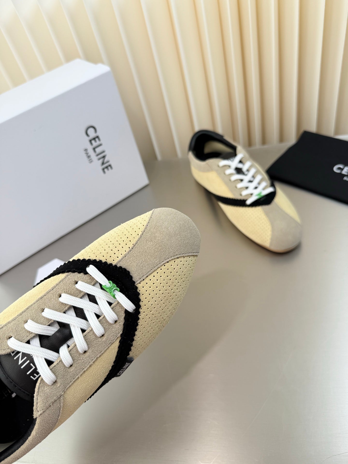 Celine 26 Flat Sneaker Black Cream Leather Suede 989413