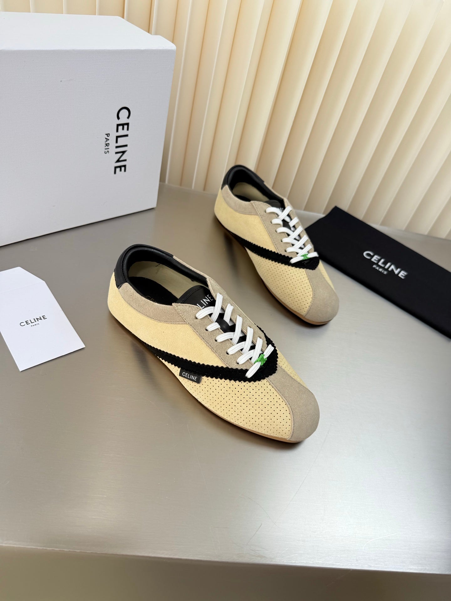 Celine 26 Flat Sneaker Black Cream Leather Suede 989413
