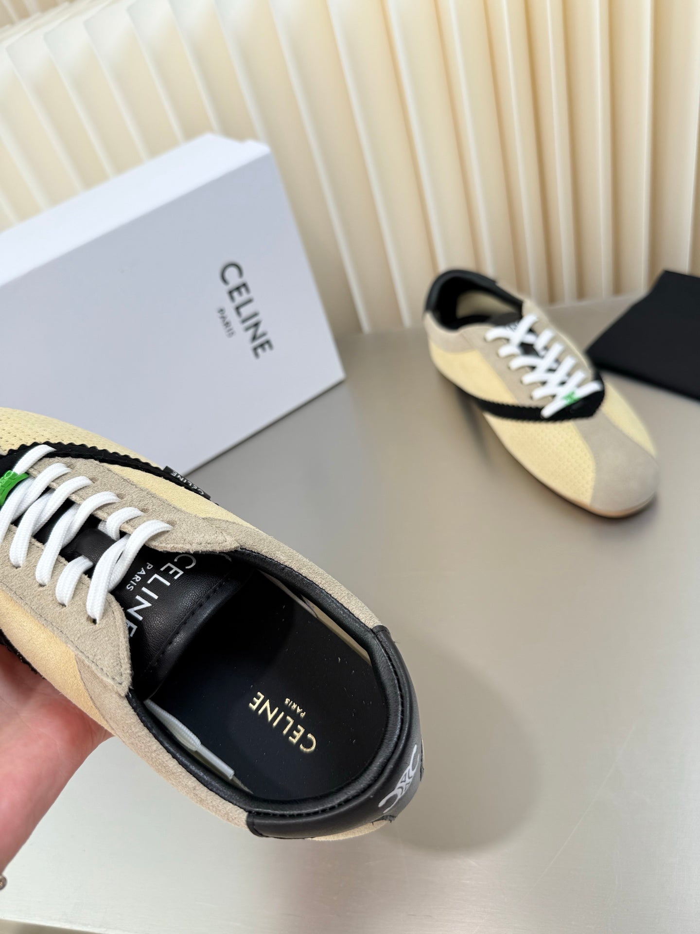 Celine 26 Flat Sneaker Black Cream Leather Suede 989413