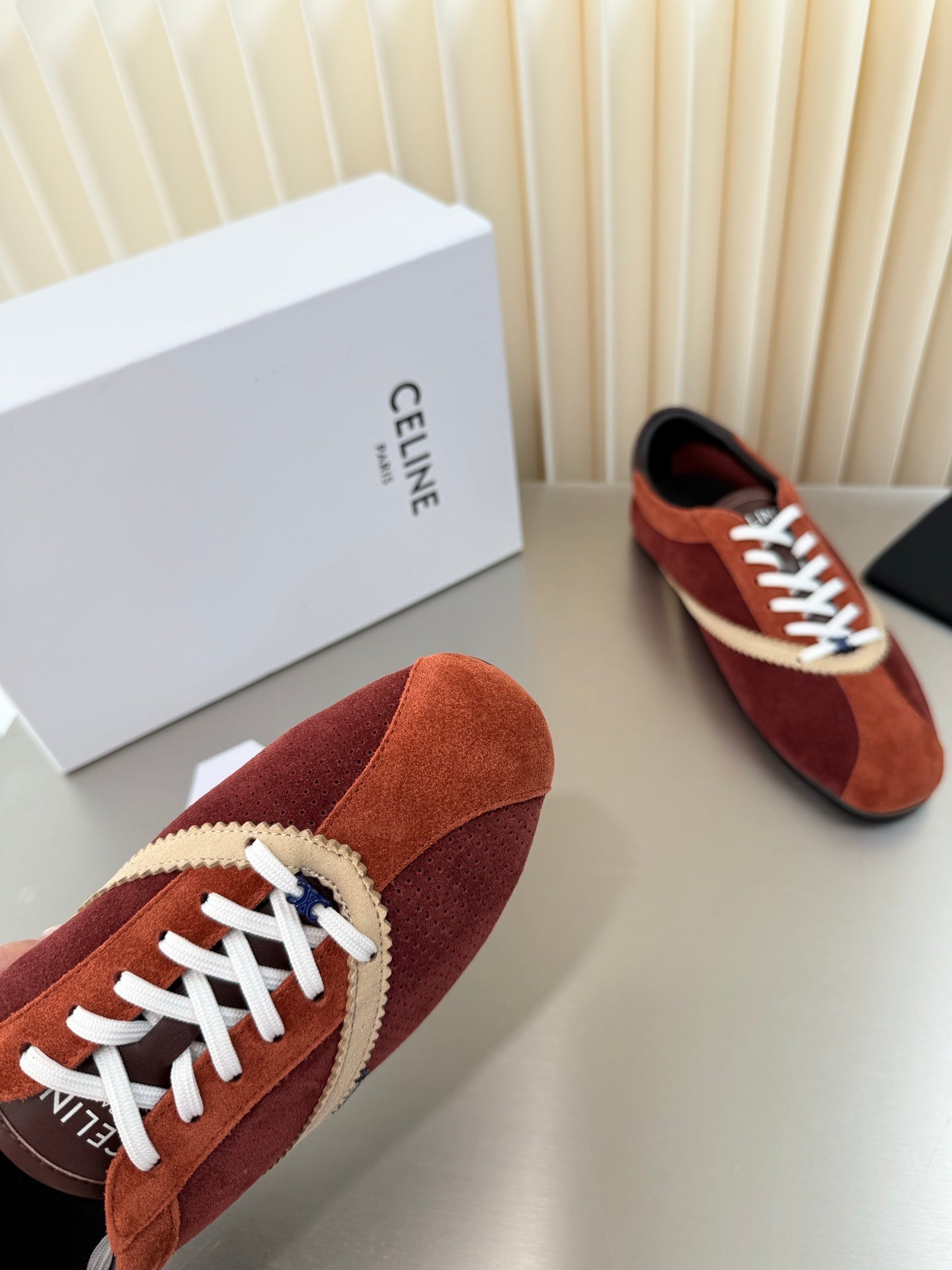 Celine 26 Flat Sneaker Brown White Leather Suede 989414