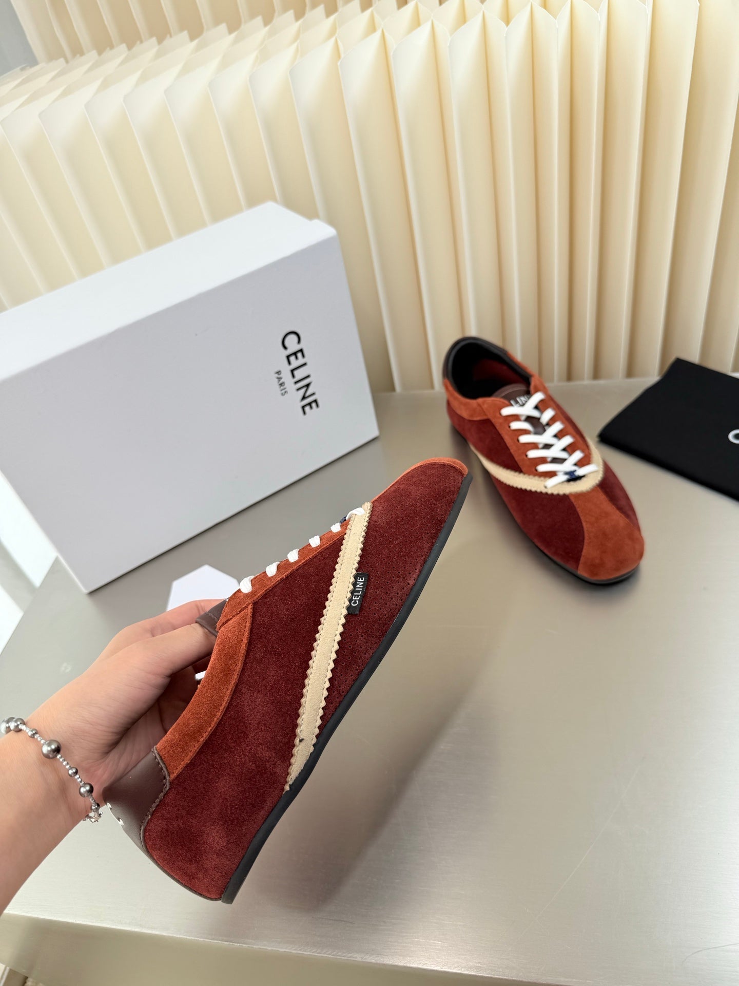 Celine 26 Flat Sneaker Brown White Leather Suede 989414