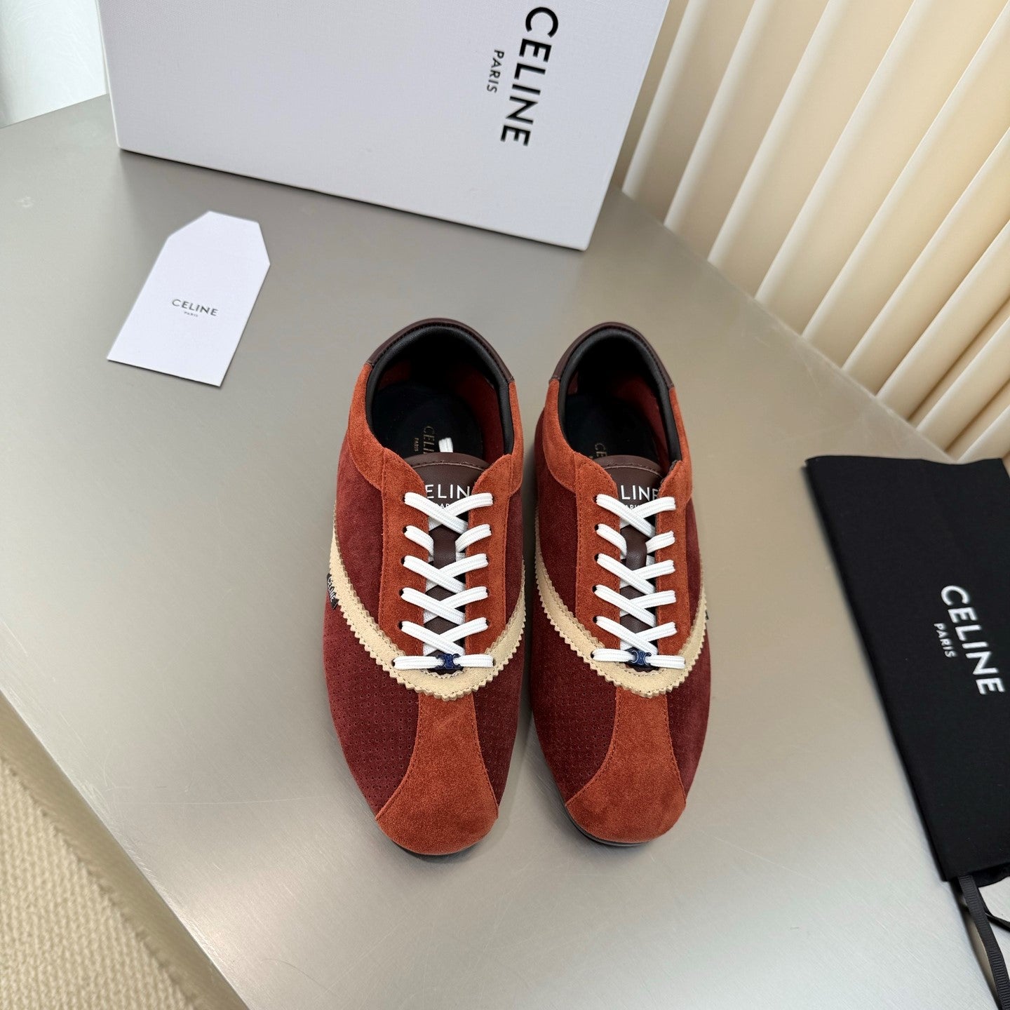 Celine 26 Flat Sneaker Brown White Leather Suede 989414