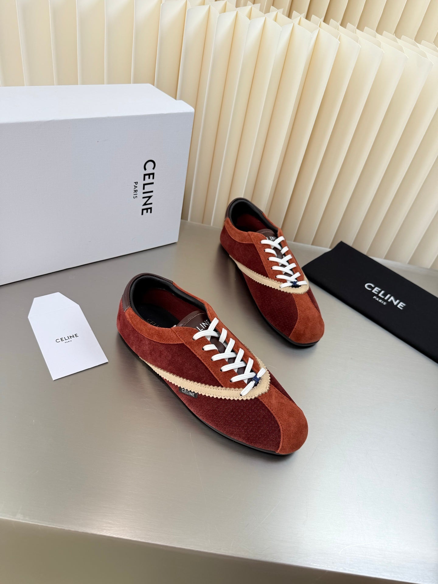 Celine 26 Flat Sneaker Brown White Leather Suede 989414