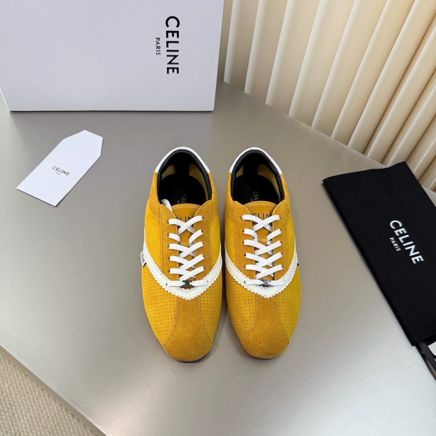 Celine 26 Flat Sneaker Yellow White Leather Suede 624715