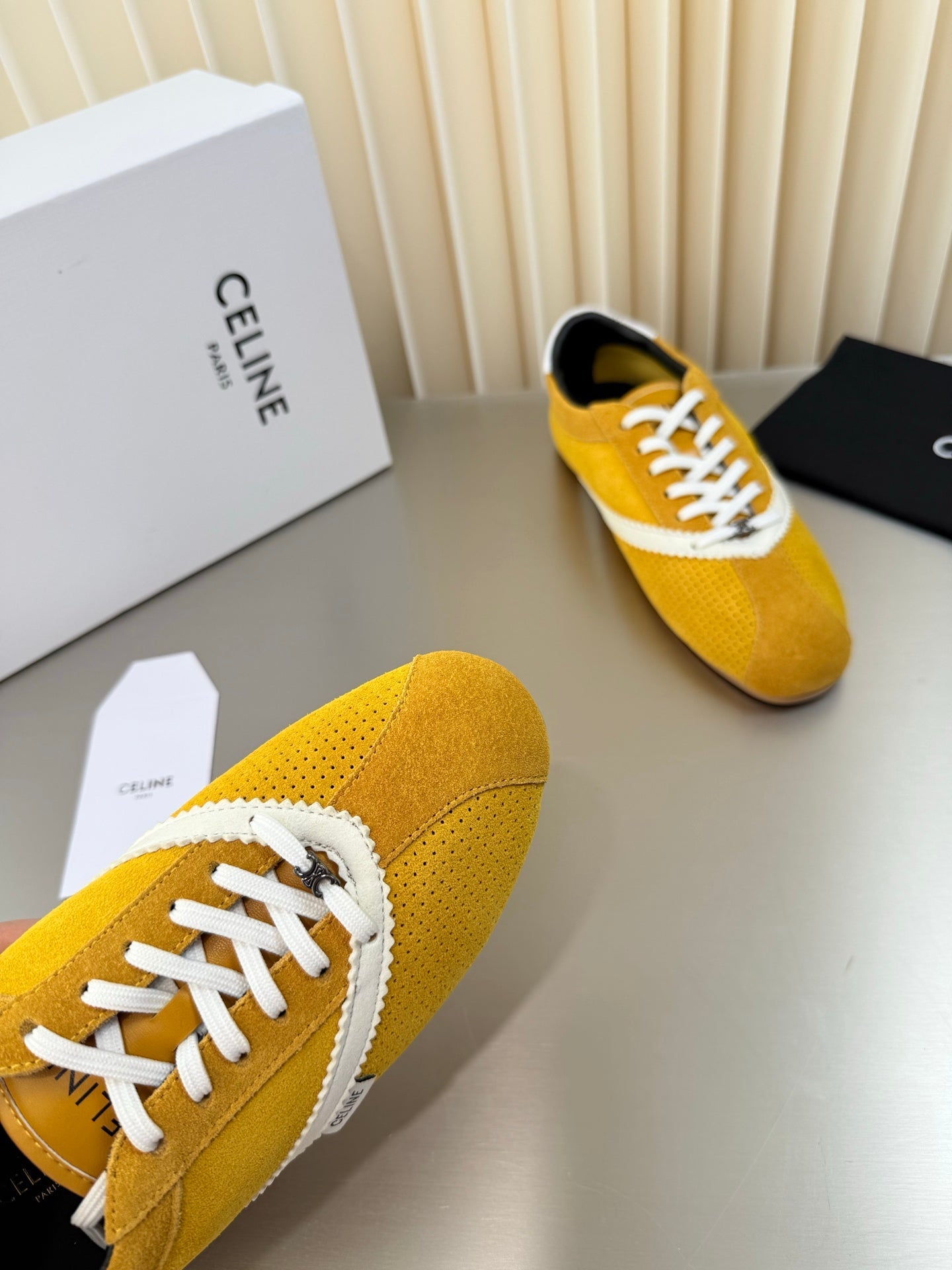 Celine 26 Flat Sneaker Yellow White Leather Suede 624715