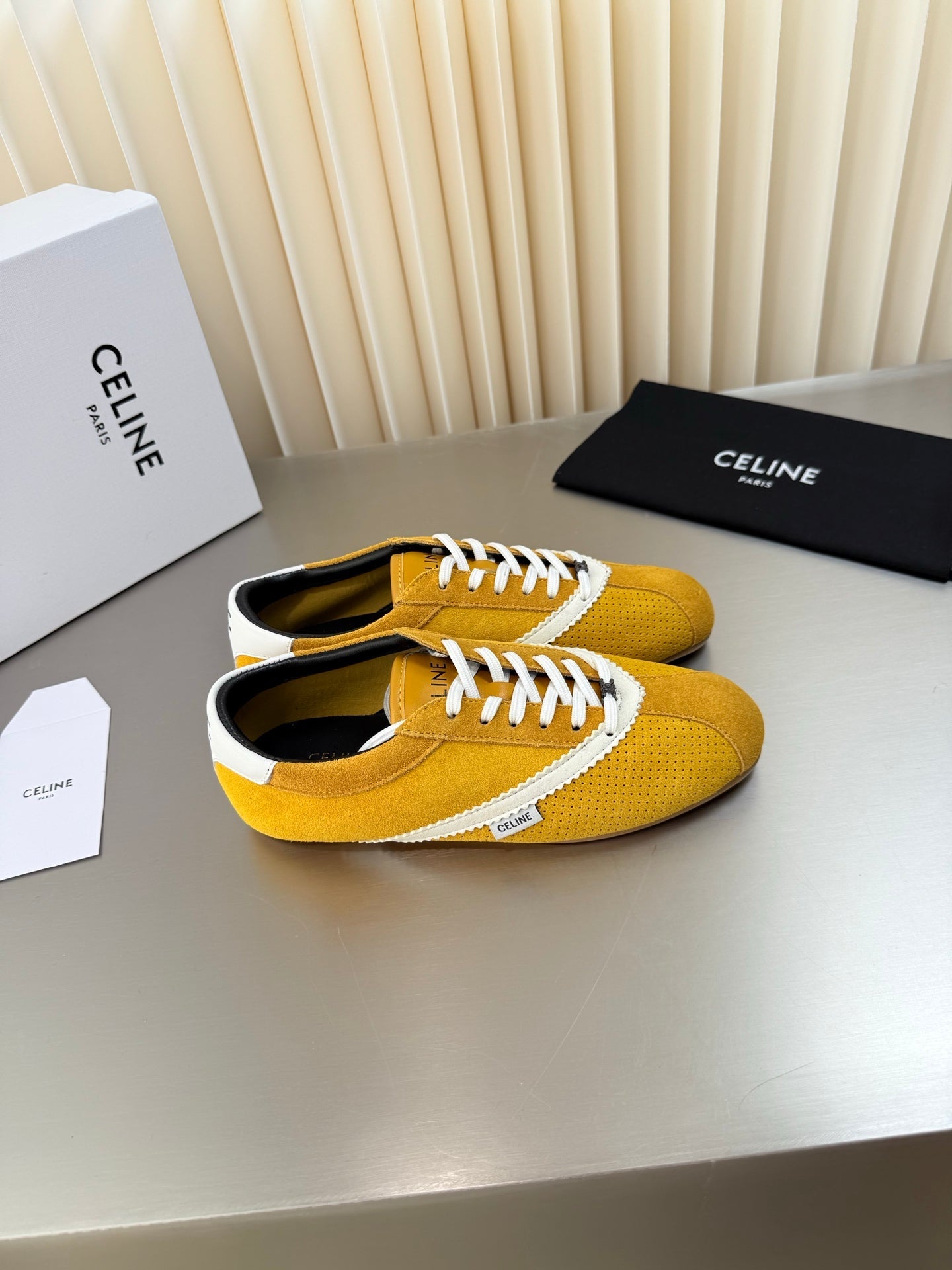 Celine 26 Flat Sneaker Yellow White Leather Suede 624715