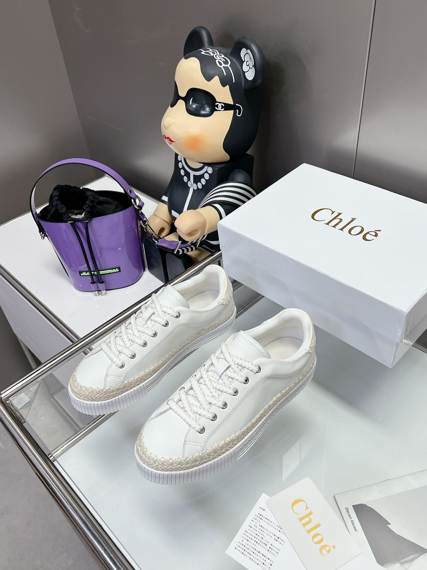 CHLOÉ TELMA LACE-UP SNEAKER IN WHITE LAMBSKIN AND RAFFIA