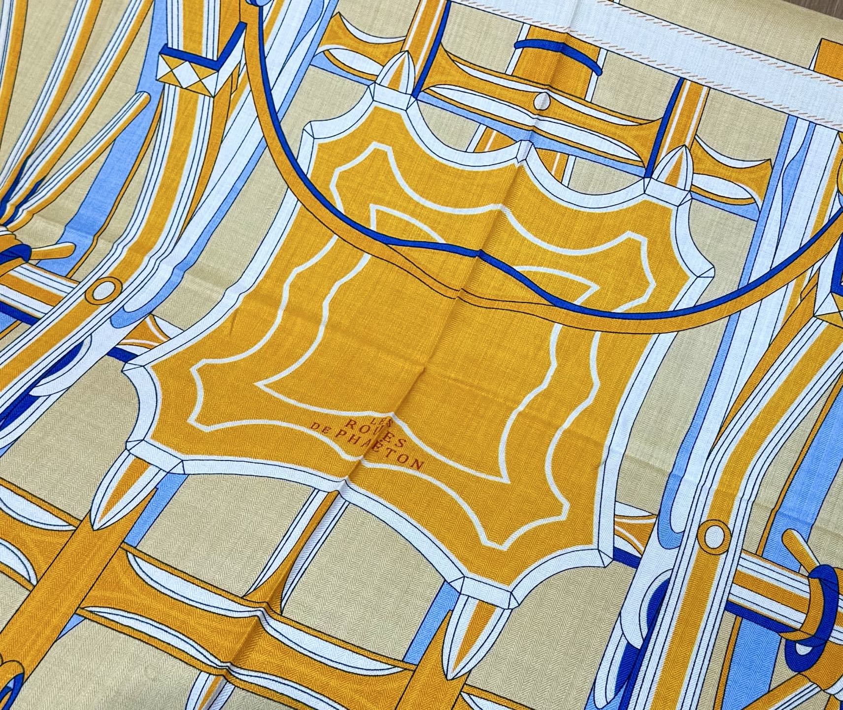 HM Les Roues de Phaeton Scarf 140x140cm Orange Yellow Silk Cashmere 269483