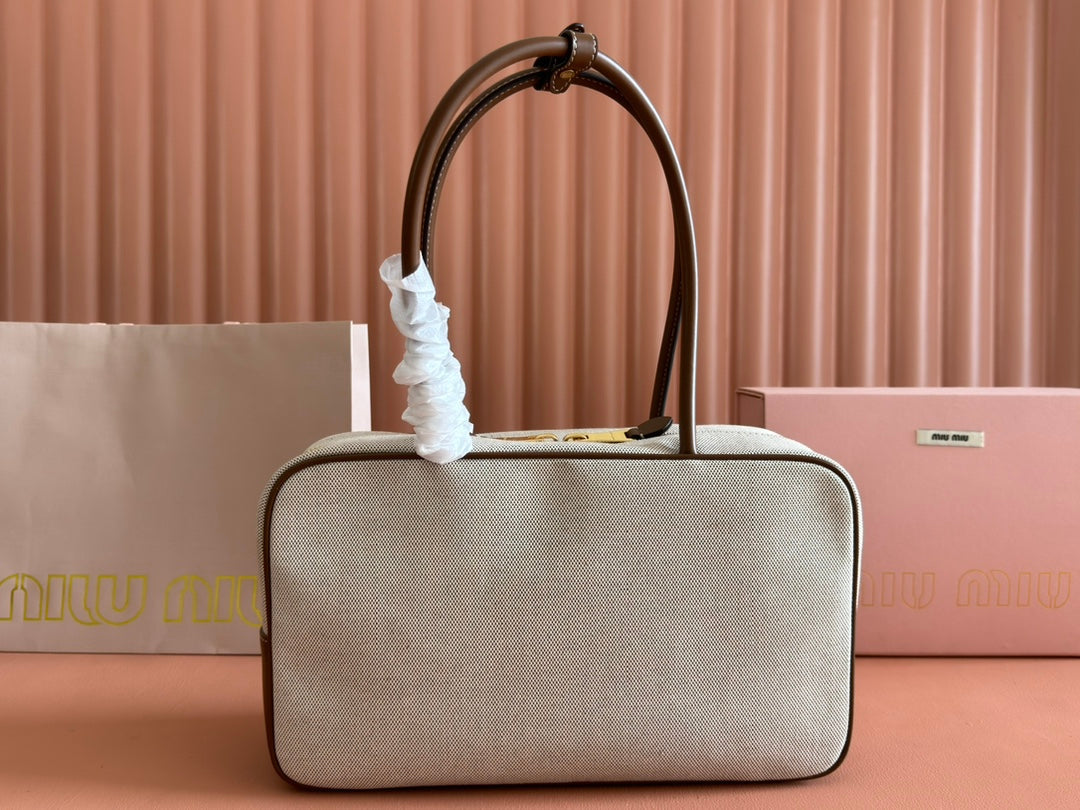 Miu Beau Medium Bag 34cm Soft Beige Cotton Brown Cowhide 257973