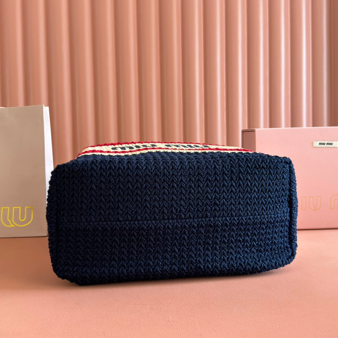 Miu Tote Bag 40cm Navy Blue Beige Red Raffia-Effect Woven 285406