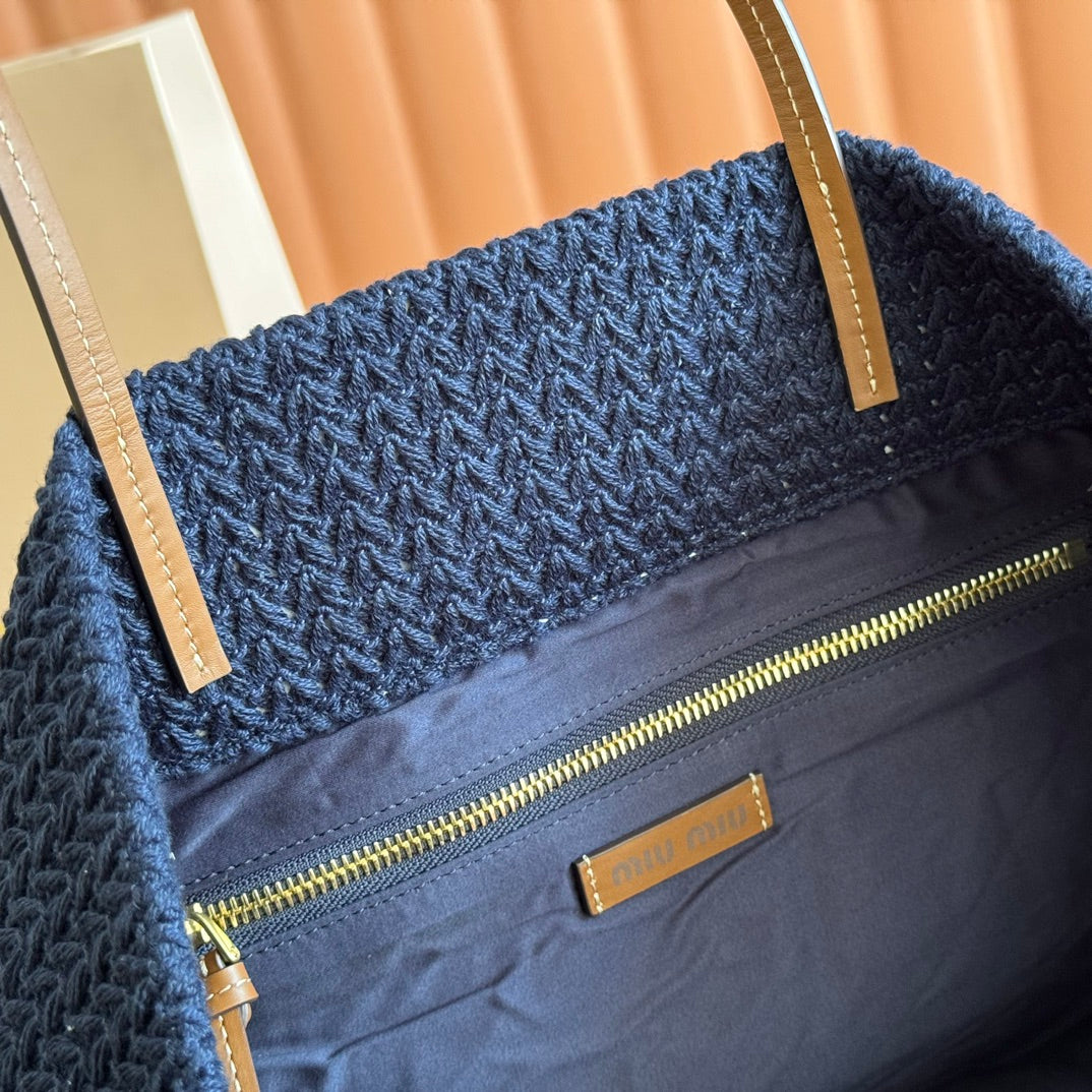 Miu Tote Bag 40cm Navy Blue Beige Red Raffia-Effect Woven 285406