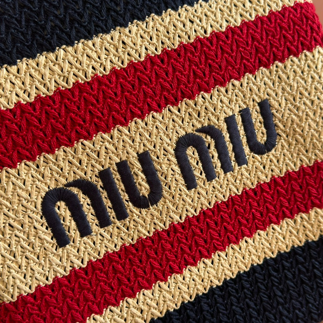 Miu Tote Bag 40cm Navy Blue Beige Red Raffia-Effect Woven 285406