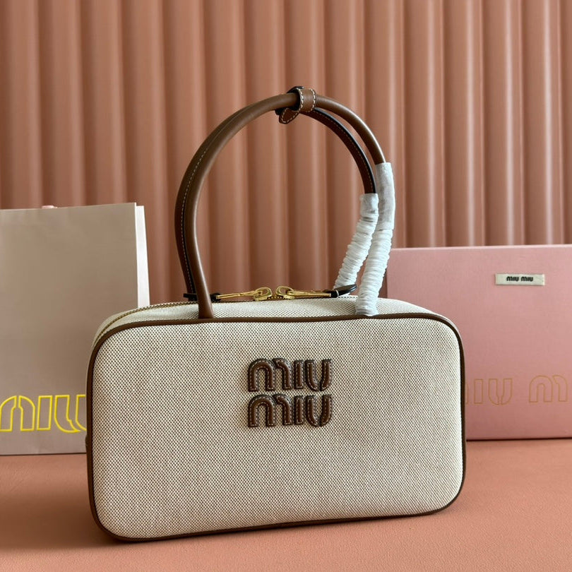 Miu Beau Medium Bag 29cm Soft Beige Cotton Brown Cowhide 257976