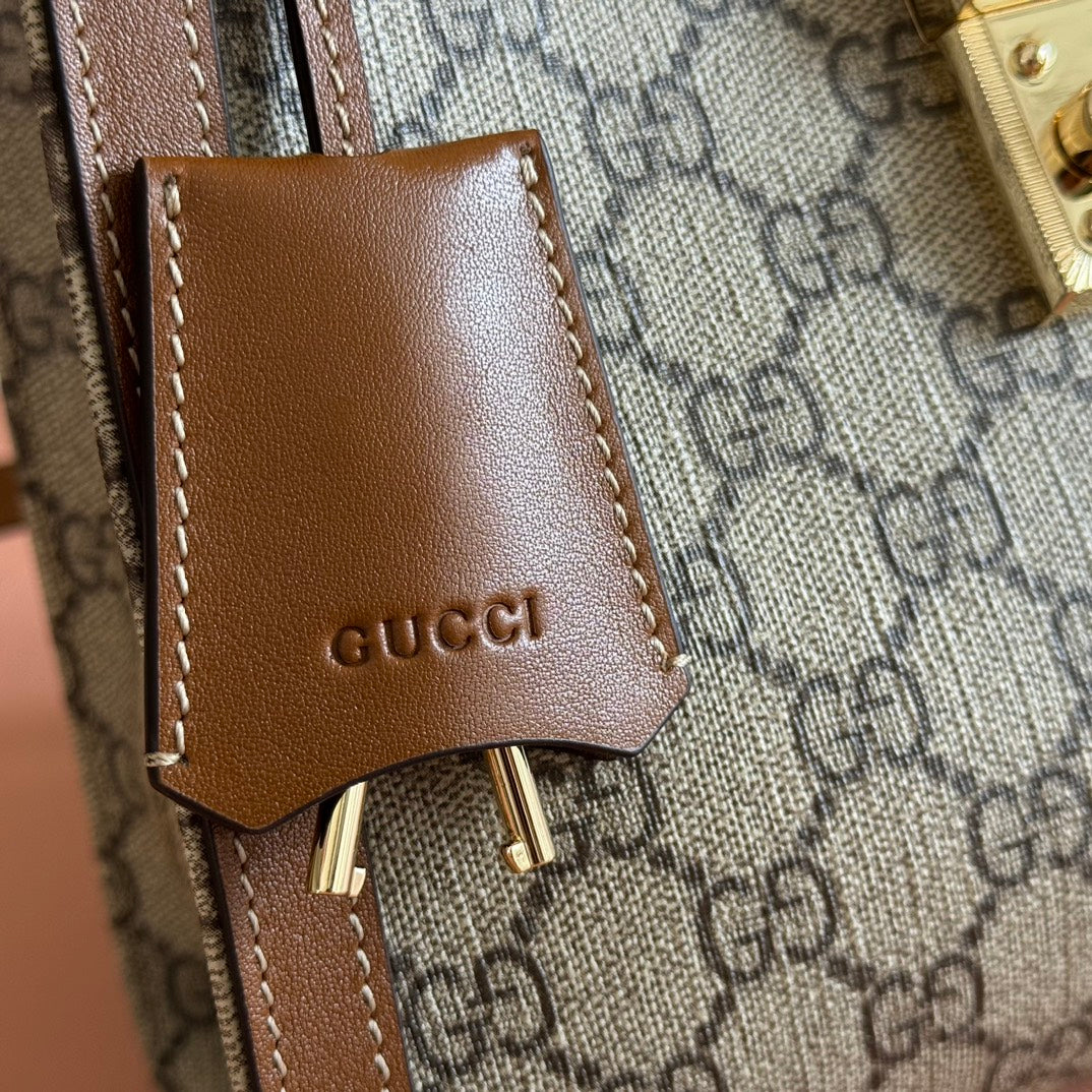 GG Padlock Medium Top Handle Bag Beige Brown Leather Canvas