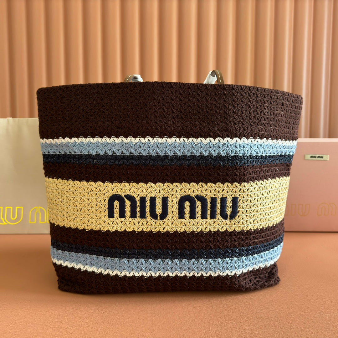 Miu Tote Bag 40cm Beige Brown Blue Raffia-Effect Woven 285416