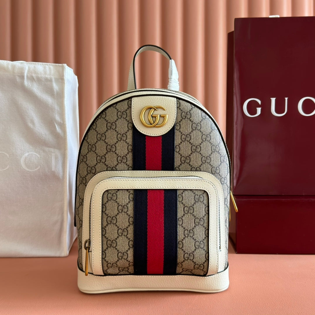 GG Small Ophidia Backpack Beige & White GG Monogram Fabric 272186