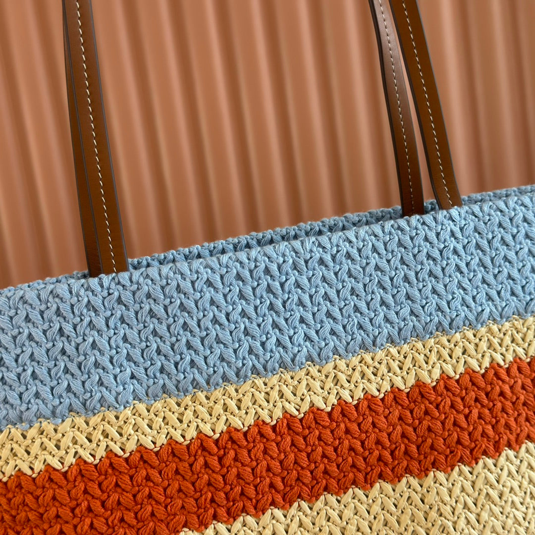 Miu Crochet Tote Bag 30x38 Beige Blue Raffia-Effect Woven 285260